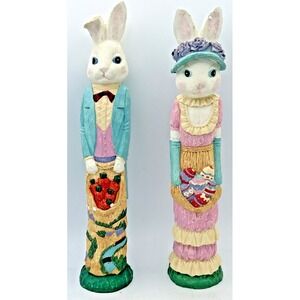 Vtg 12" Easter Bunny Pencil Skinny Rabbit Figures Resin Decor Alice & Chris Pair
